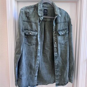 Zara Green Denim Distressed Jacket